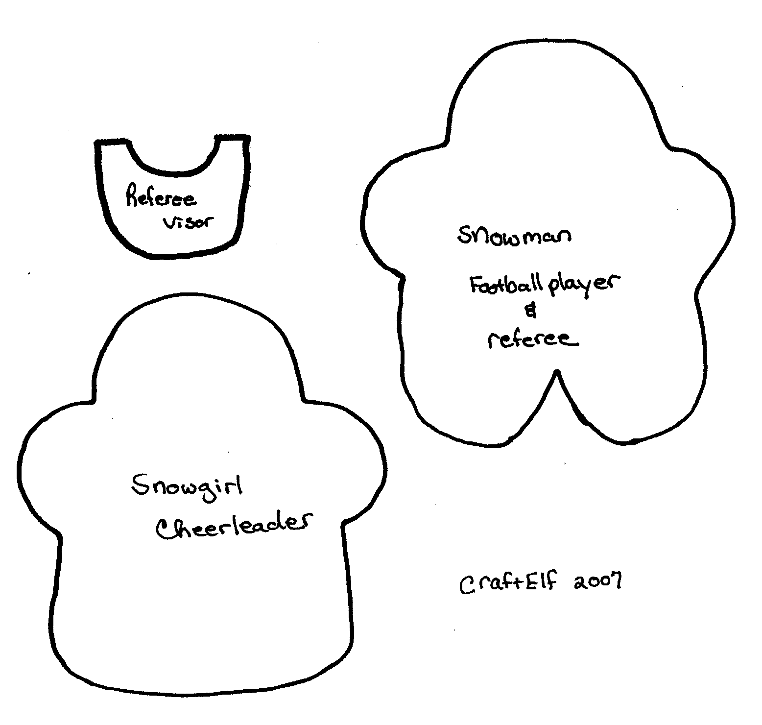 Free sewing pattern to make Snowman football player, cheerleader and referee from CraftElf